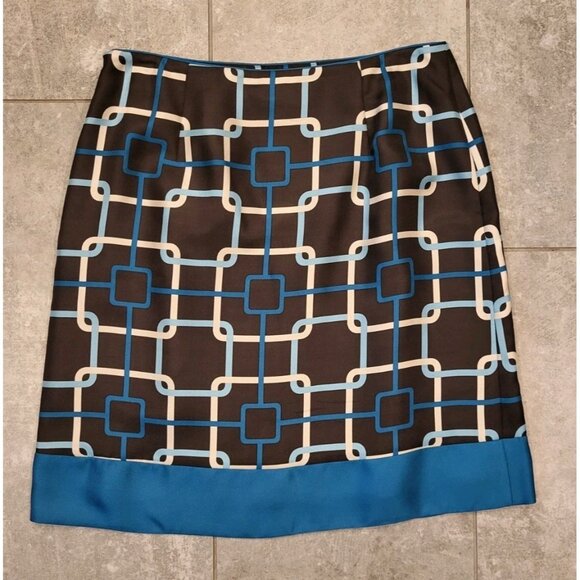 Talbots Brown Aqua Retro Geometric Print 100% Silk Lined Pencil Skirt Sz 10p - Picture 4 of 6
